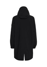 Long manteau noir à capuche, manches longues et fente centrale arrière, vu de dos sur fond blanc.