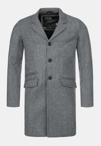 Manteau en mélange de laine grise avec un motif chevron, col cranté, trois boutons et deux poches avant. Coupe ajustée avec manches longues.