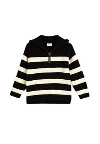Pull en tricot à rayures noir et blanc avec un col montant et une fermeture éclair quart; présente une texture côtelée et des manches longues et effilées.