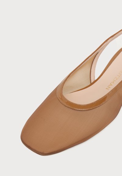 Brown mesh pointed-toe flat shoe with a glossy trim and a beige insole on a plain background.
