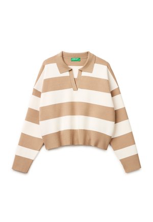 Beiger und weißer, breit horizontal gestreifter, langärmeliger Strickpullover mit Kragen und V-Ausschnitt, gerippte Bündchen und Saum.