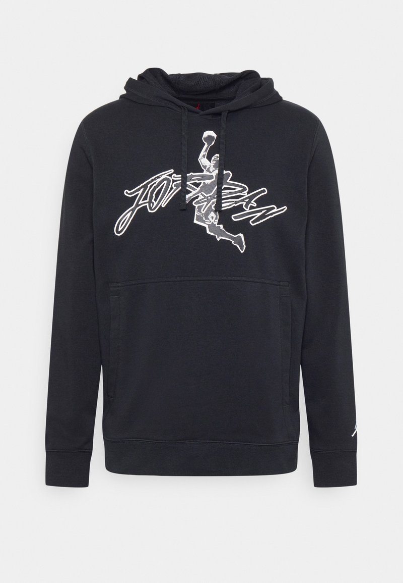 Sweat à capuche noir avec poche kangourou à l'avant, cordon de serrage à la capuche et illustration blanche d'un joueur de basket dunk avec l'inscription "Jordan" sur la poitrine.