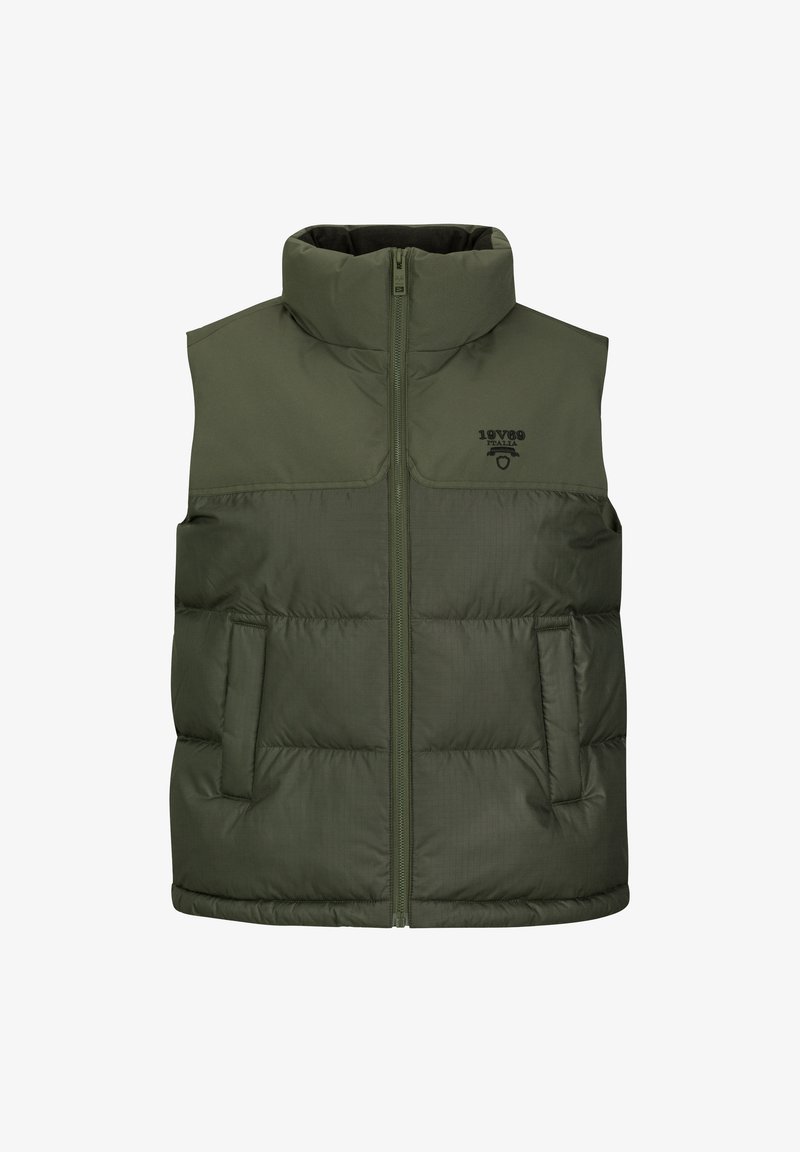 Grüne Pufferweste mit hohem Kragen, vorderem Reißverschluss und zwei Seitentaschen. Verfügt über ein mattes Finish und ein geprägtes Logo auf der oberen linken Seite.