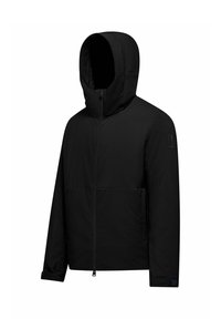 Giacca nera imbottita con cappuccio, dotata di zip frontale, due tasche laterali e una texture liscia e opaca. Design semplice senza motivi.
