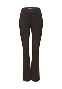 Pantalon noir ajusté avec fermeture par bouton et zip, ceinture droite et légère évasement en bas.