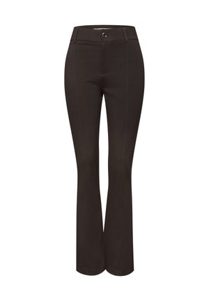 Schwarze, eng geschnittene Hose mit Knopf- und Reißverschluss, geradem Bund und leicht ausgestelltem Beinabschluss.