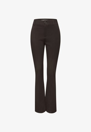 Schwarze, eng geschnittene Hose mit Knopf- und Reißverschluss, geradem Bund und leicht ausgestelltem Beinabschluss.