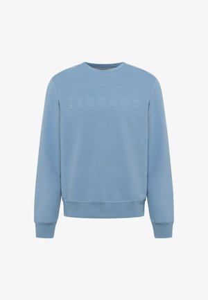 Sudadera azul claro con cuello redondo, mangas largas y puños acanalados. Presenta letras en relieve que dicen "ELBSAND" en el pecho.
