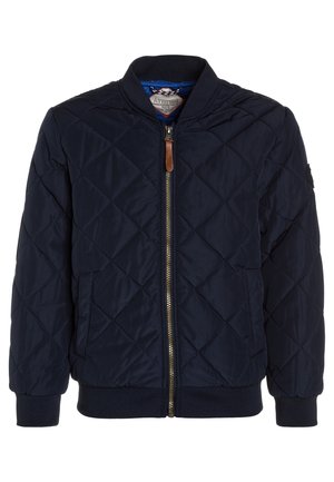 Giacca bomber trapuntata blu navy con colletto, polsini e orlo a coste, dotata di cerniera frontale e tasche laterali.