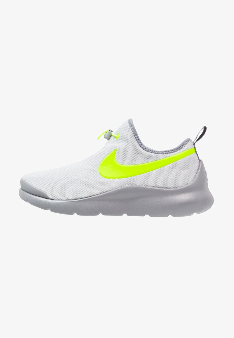Light gray athletic slip-on shoe with neon yellow Nike swoosh, elastic toggle lacing, and a thick gray sole.