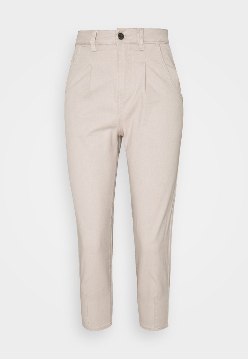 Beige cropped broeken van een katoenmix, met een knoopsluiting, twee voorplooien en een rechte snit met omgeknoopte manchetten.