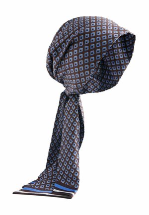 Brown scarf with a blue and white geometric square pattern, tied loosely with long ends hanging down.