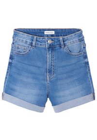 Jeansshorts in Hellblau, hoch taillierter Schnitt mit umgeschlagenen Säumen. Mit zwei Vordertaschen und einem Knopfverschluss. Klassischer, lässiger Stil.
