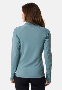 Light blue long-sleeve top with a high collar, featuring a textured fabric and raglan sleeves, shown from the back against a plain background.