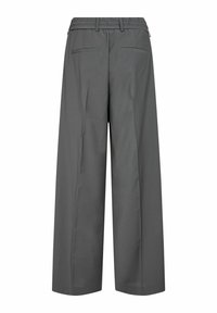 Wide-leg trousers in dark gray fabric, featuring a stretchy waistband, two back pockets, and a smooth, structured texture.