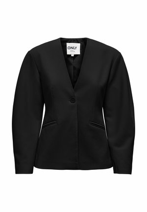 Černý blazer s výstřihem do V, zapínáním na jedno tlačítko, dvěma předními kapsami a strukturovanými ramenními částmi, vyrobený z hladké látky.