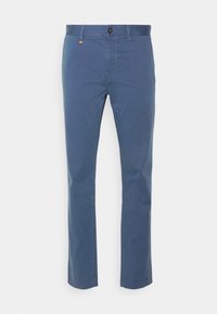 Pantalon en chambray de coton bleu marine à coupe droite, avec une fermeture à boutons, des passants de ceinture et un petit logo en accent.