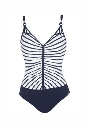 Én-delt badedragt i marineblå og hvid med lodrette striber. Har tynde justerbare stropper, rynkning foran og en ensfarvet marineblå bund.