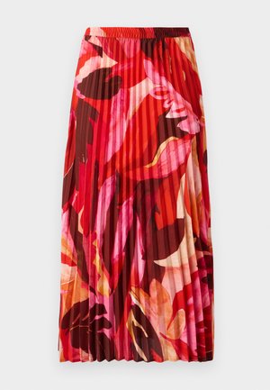 Pleated maxi skirt in vibrant red, pink, and brown floral pattern. Elastic waistband and smooth texture enhance comfort and style.