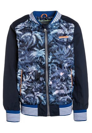Modrá bomber bunda s potiskem palmových listů, zipovým zapínáním, pruhovanými žebrovanými manžetami a lemem a oranžovým detailem na přední kapse.