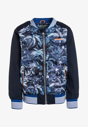Blauwe bomberjas met een palmbladerenprint, ritssluiting, geribbelde manchetten en zoom met strepen, en een oranje accent op het voorvak.