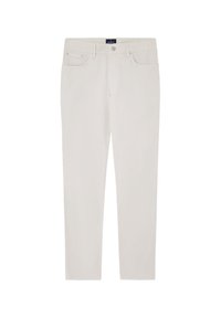 Lichtbeige chino's met een rechte snit, voorzakken en een knoopsluiting. Gemaakt van katoen met een gladde textuur. Minimalistisch ontwerp.