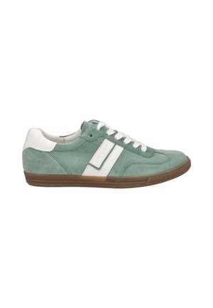 Sneaker verde in suede con accenti in pelle bianca e suola in gomma marrone. Presenta un classico design con lacci e una silhouette bassa.
