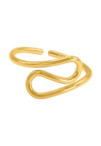 Goldfarbener Metalring mit einem flüssigen, gedrehten Design. Verfügt über eine glatte, glänzende Textur und offene Enden, die etwa fingerförmig sind.