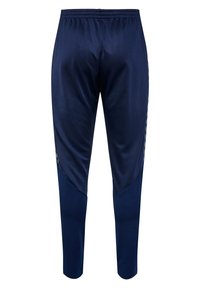 Pantaloni da atletica blu navy realizzati in tessuto liscio e traspirante, con gambe affusolate, vita elastica e accenti laterali a contrasto.