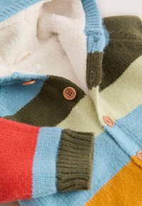Bunte Strickjacke mit blauen, grünen, roten und orangenen Streifen, ausgestattet mit einem weichen weißen Fleece-Futter und Holzknöpfen.