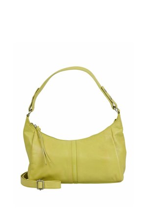 Sac à bandoulière en cuir jaune avec fermeture éclair, sangle réglable et poignée courte, présenté sur fond blanc.