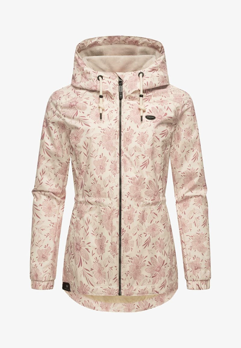 Lahka jakna v kremni barvi s rožnatim cvetličnim vzorcem, s kapuco, sprednjim zadrgo, vrvico in elastičnimi manšetami za udobje.