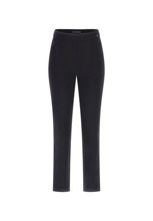 Zwarte slim-fit broek met een gladde textuur, een rechte pijp en een brede tailleband. Bevat een klein logo op de tailleband.