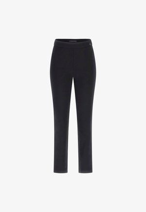 Black fitted pants with a smooth texture, a straight leg design, and a wide waistband. Features a small logo on the waistband.