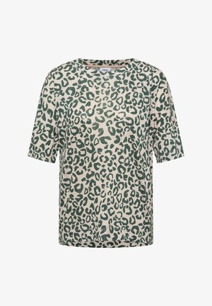 Beige kortærmet skjorte med grønt leopardmønster og rund halsudskæring, mærket "Cecil" inde i kraven.