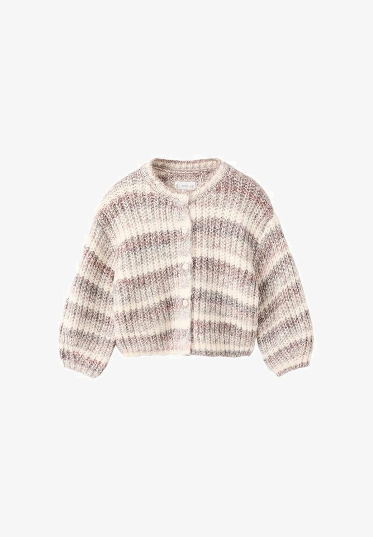 Gestrickte Strickjacke in Creme mit rosa und grauen Streifen, mit Rundhalsausschnitt, langen Ärmeln und Knopfverschluss vorne.