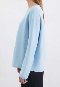 Pull bleu clair en tissu doux et texturé. Présente un col rond et des manches longues, avec une coupe décontractée légèrement oversize.