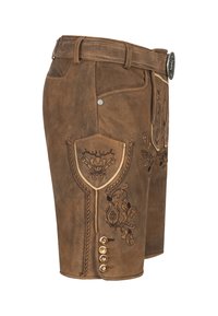 Brune lædershorts med intrikate broderede mønstre, lynlås og fem dekorative knapper langs siden. Har skrå lommer.