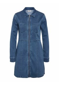 Dongerikjole i mørkeblå med krage, frontglidelås, to brystlommer og lange ermer. Har kontraststing og rett snitt.