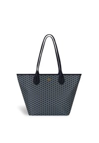 Sac fourre-tout bleu marine avec un motif à volants. Fabriqué en matériau texturé, il dispose de deux longues anses et d'un emblème doré. Les finitions incluent des extrémités de sangle tressées.