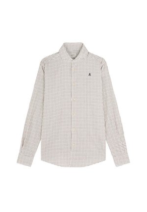 Button-up shirt in white with small, navy and red checkered pattern. Features a collar and long sleeves. Small embroidered logo on chest.