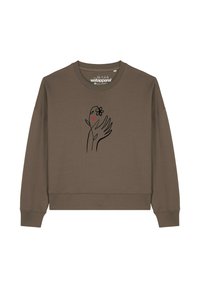 Bruine sweatshirt met een cropped ontwerp, featuring een zwarte lijntekening van een hand, bloem en hart op de voorkant. Zachte textuur.