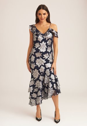 FLORAL CLIPPED TIERED RUFFLE - Cocktail dress / Party dress - navy