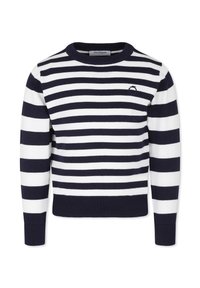 Maglione a righe blu navy e bianche con scollatura rotonda, polsini e orlo a costine, impreziosito da un piccolo logo sul petto.