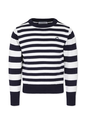 Maglione a righe blu navy e bianche con scollatura rotonda, polsini e orlo a costine, impreziosito da un piccolo logo sul petto.