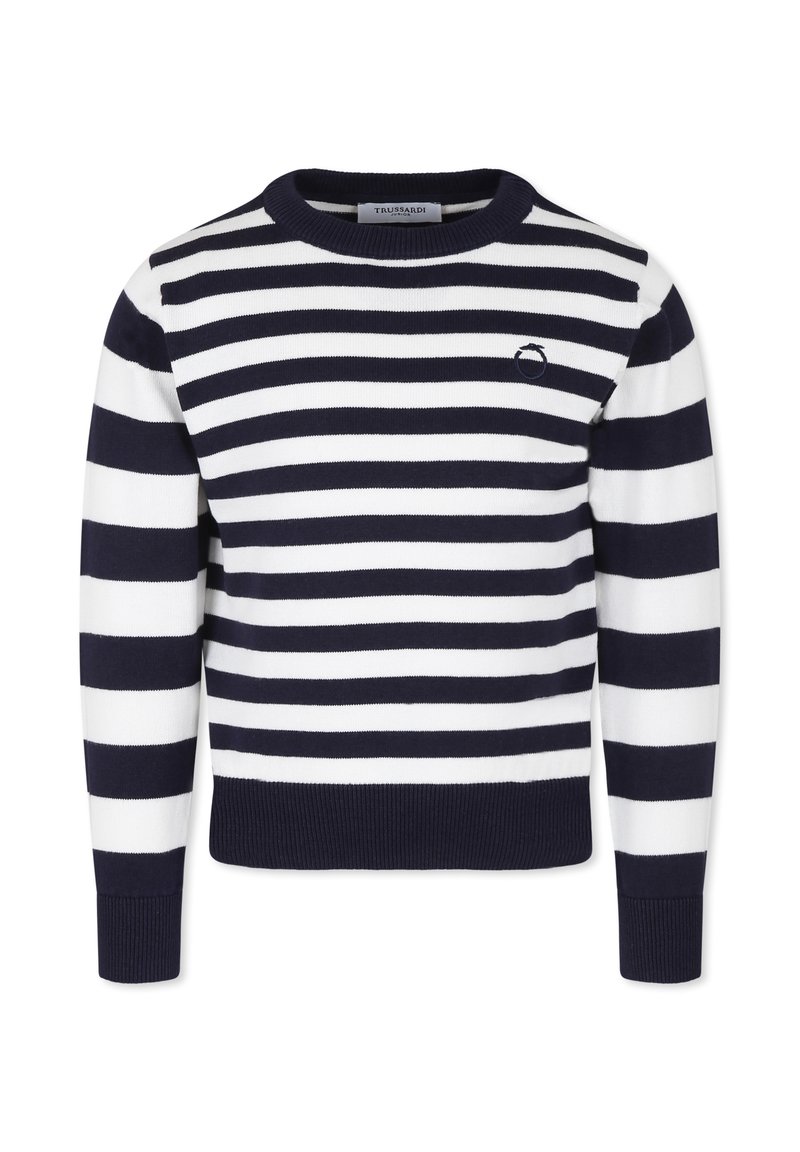Maglione a righe blu navy e bianche con scollatura rotonda, polsini e orlo a costine, impreziosito da un piccolo logo sul petto.