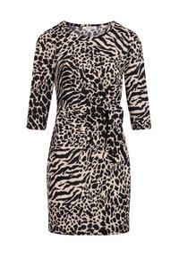 Leopardmuster-Kleid in Beige und Schwarz, mit Wickeldesign, Dreiviertelärmeln und gebundenem Taillendetail. Strukturiertes Material.