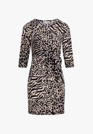 Leopardmuster-Kleid in Beige und Schwarz, mit Wickeldesign, Dreiviertelärmeln und gebundenem Taillendetail. Strukturiertes Material.