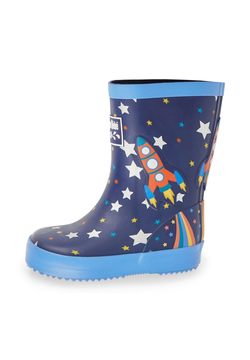 Stivale da pioggia in gomma blu navy con fantasie colorate di razzi e stelle, suola blu e bordo di contrasto azzurro chiaro in cima.