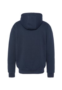 Sweat à capuche bleu marine vu de dos avec manches longues, poignets et ourlet côtelés, et capuche attachée.